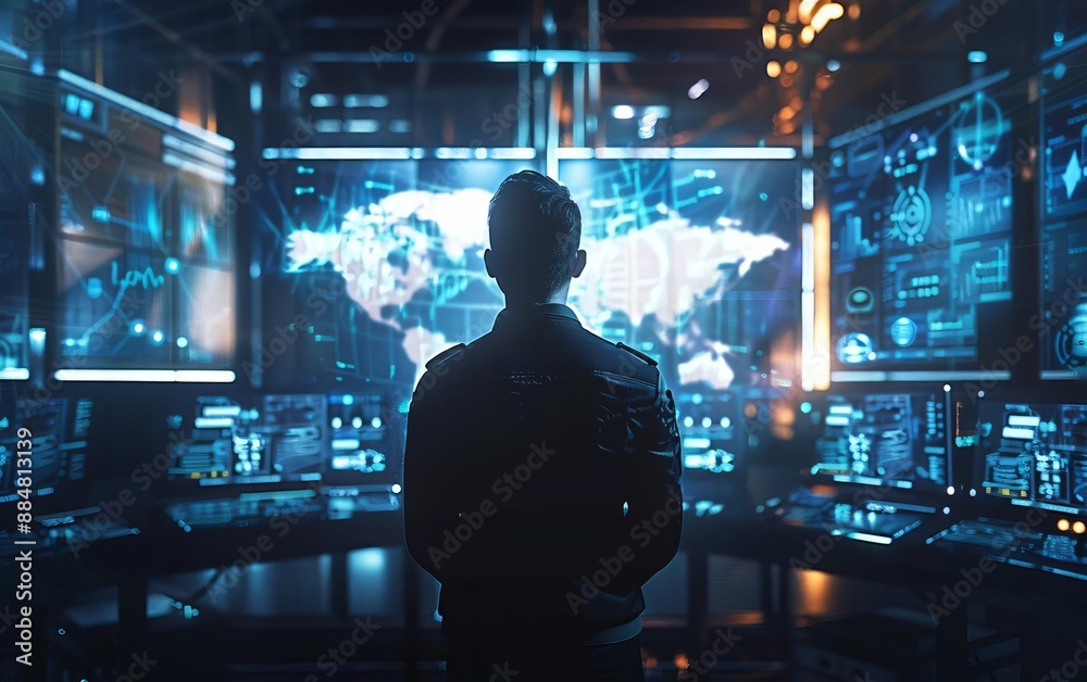 Silhouette of a person in a futuristic control room with screens displaying data and a world map. Silhouette of a person in a futuristic control room with screens displaying data and a world map.