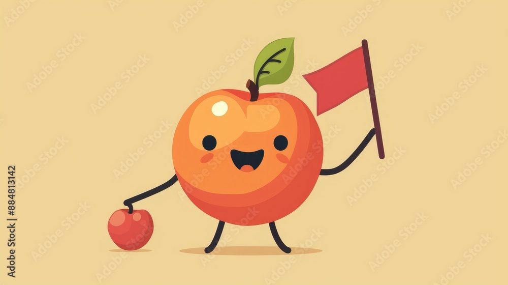 A smiling cartoon bael fruit with a big smile, holding a tiny flag. A smiling cartoon bael fruit with a big smile, holding a tiny flag.