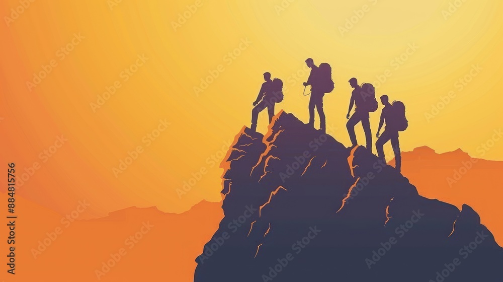 Fototapeta premium Silhouettes of Hikers on a Mountain Peak at Sunset