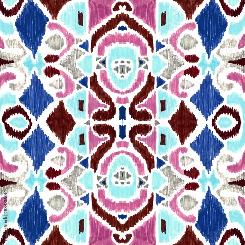 Ethnic abstract art ikat. Seamless ornamental print. Geometric ethnic pattern seamless color oriental. Design for background, curtains, carpets, wallpaper, clothes, packaging, batik.