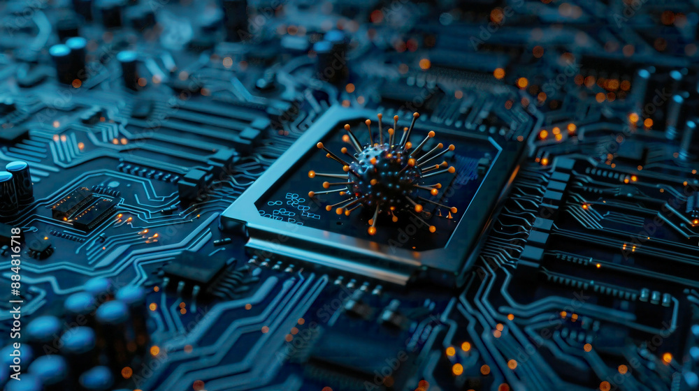 Artistic 3D render portraying a motherboard circuit background with a virus detected overlay symbolizing a worm cyber attack antivirus firewall alert Artistic 3D render portraying a motherboard circuit background with a virus detected overlay symbolizing a worm cyber attack antivirus firewall alert