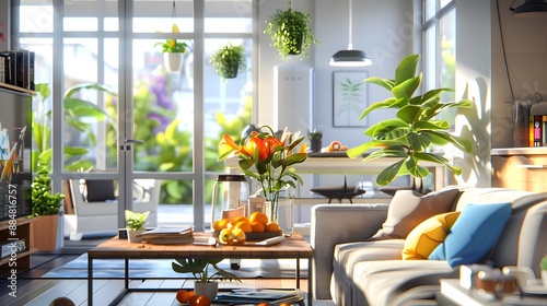 Cozy and Airy Living Room with Suspended Greenery and Vintage Filter photo