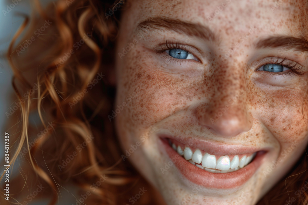 woman with red hair and blue eyes is smiling. She has a lot of freckles on her face woman with red hair and blue eyes is smiling. She has a lot of freckles on her face