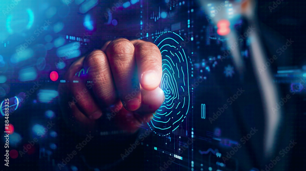 Businessman employs fingerprint identification for accessing personal financial data promoting E-KYC (Electronic Know Your Customer) and biometric security. Businessman employs fingerprint identification for accessing personal financial data promoting E-KYC (Electronic Know Your Customer) and biometric security.