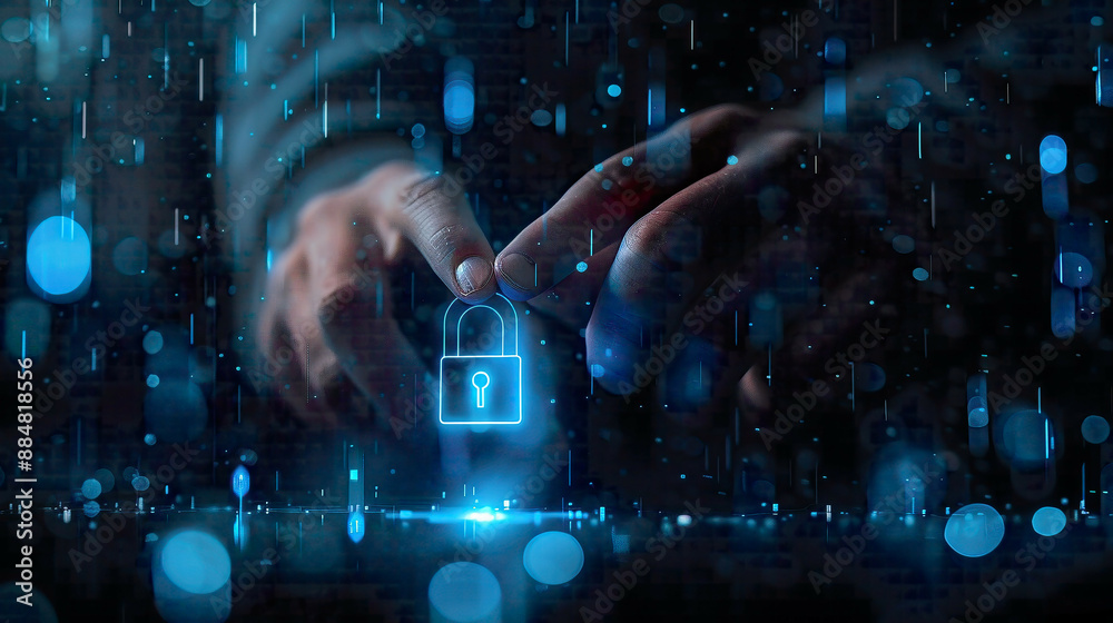Businessman using a 3D rendered digital padlock to secure his data modern tech background with blue tones and digital elements emphasizing cybersecurity Businessman using a 3D rendered digital padlock to secure his data modern tech background with blue tones and digital elements emphasizing cybersecurity