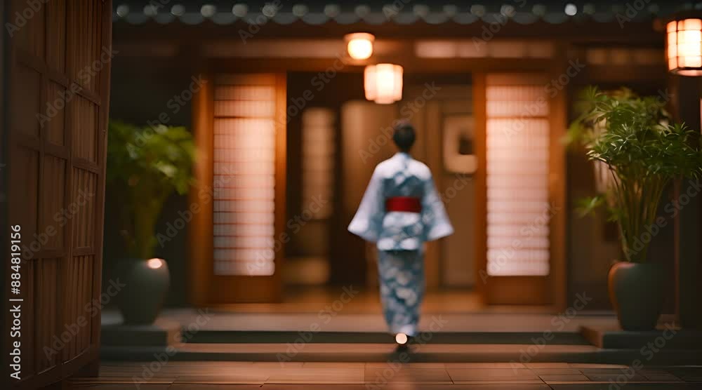 Young Woman Enters Japanese Restaurant. Yukata Fashion Young Woman Enters Japanese Restaurant. Yukata Fashion
