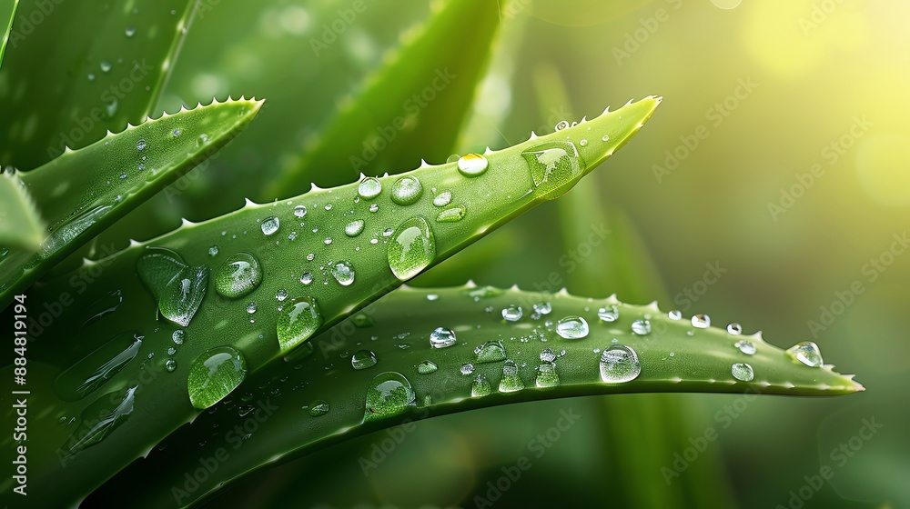 Naklejka premium Fresh aloe vera leaves, Dewy and green, Soft background, Bright and soothing, Digital rendering,