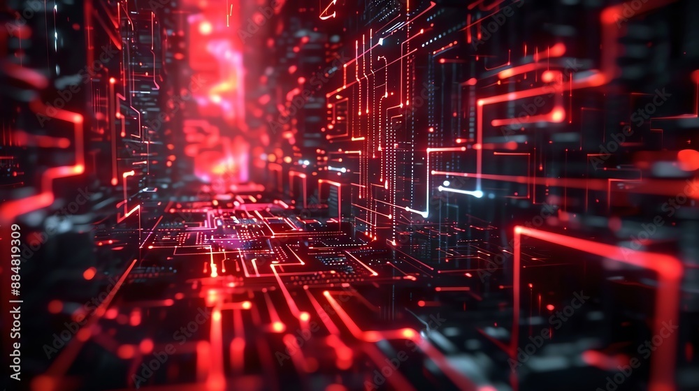Abstract futuristic circuit board with glowing neon lights in red and blue, representing digital technology and advanced data processing. Abstract futuristic circuit board with glowing neon lights in red and blue, representing digital technology and advanced data processing.