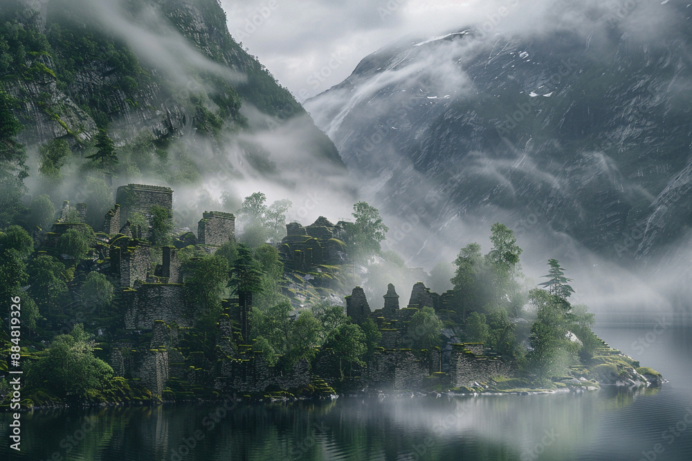 A network of ancient ruins nestled within the mist-shrouded forest surrounding the fjord, their history lost to time. A network of ancient ruins nestled within the mist-shrouded forest surrounding the fjord, their history lost to time.