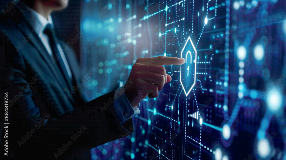 Cyber security and data protection for business young businessman selecting a virtual security icon privacy concept withand network elements Cyber security and data protection for business young businessman selecting a virtual security icon privacy concept withand network elements