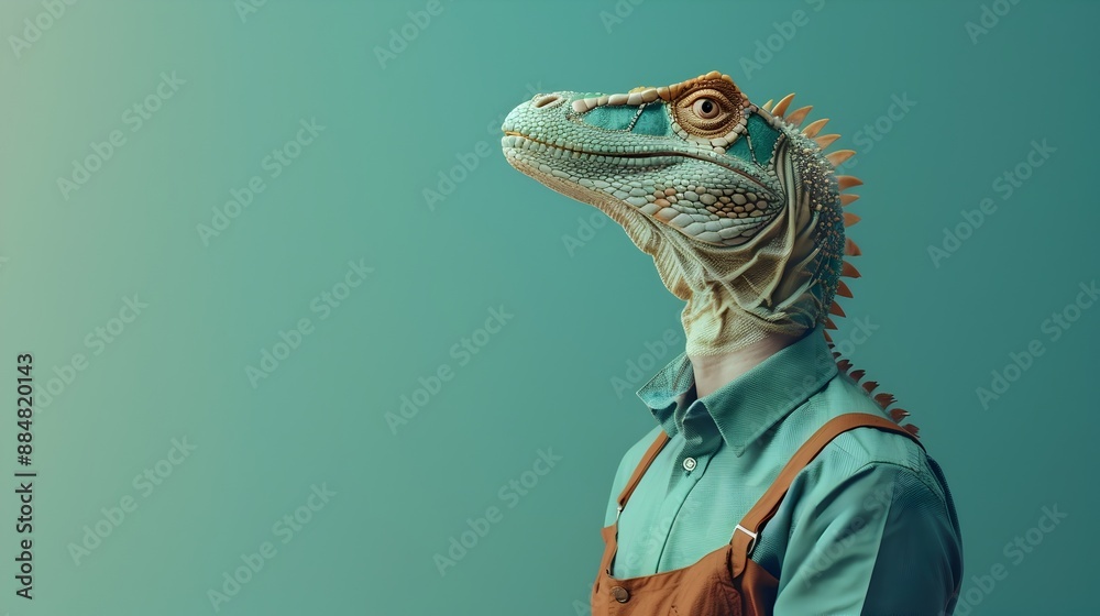 A Surreal of a Spinosaurus Wearing a Blue Collar Worker Uniform on a Plain Colored Background