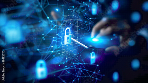 Cyber security and internet networking concept businessman’s hand interacting with a VR screen padlock icon mobile phone laptop and digital tablet blue tech background 
