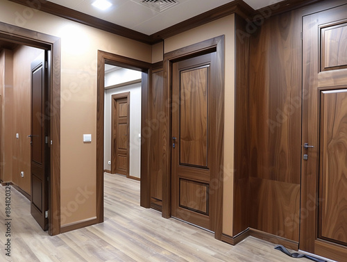 Modern Interior Hallway With Wooden Doors and Light Wood Flooring