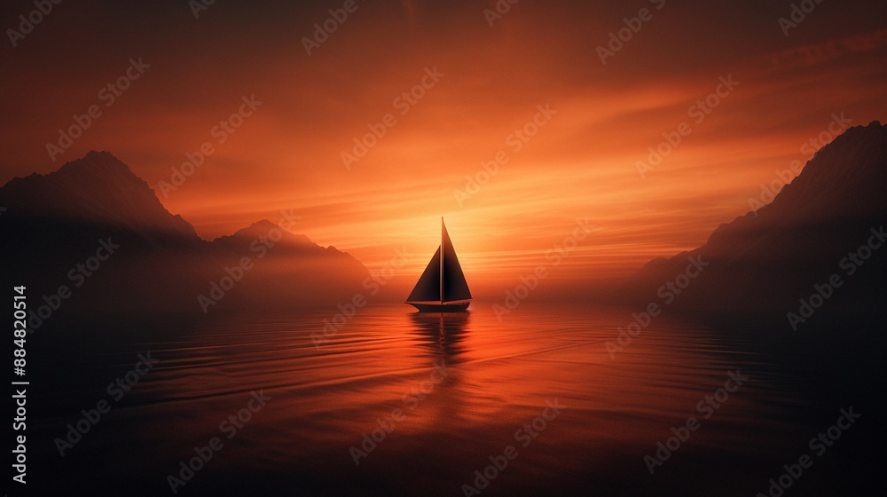 Fototapeta premium Vintage seafaring vessel navigating open ocean at sundown, rich twilight hues, digital painting, tranquil voyage