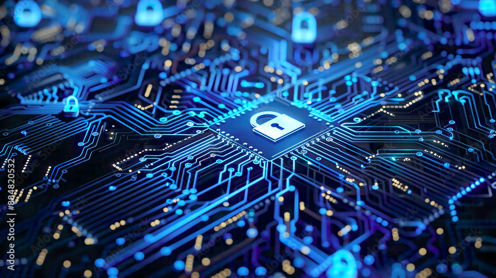 Cyber security and protection of private information and data concept featuring locks on a blue integrated circuit firewall defense from hacker attacks detailed digital design Cyber security and protection of private information and data concept featuring locks on a blue integrated circuit firewall defense from hacker attacks detailed digital design
