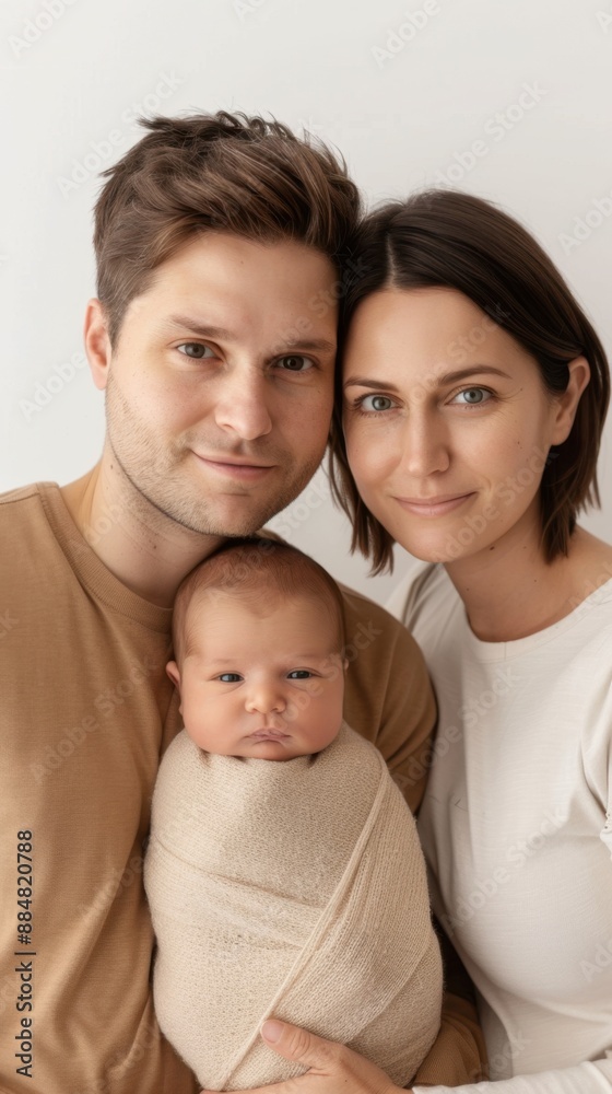 Newborn baby with parents, warm tones, isolated on white background, front view, copy space, deep depth of field, richly descriptive. Newborn baby with parents, warm tones, isolated on white background, front view, copy space, deep depth of field, richly descriptive.
