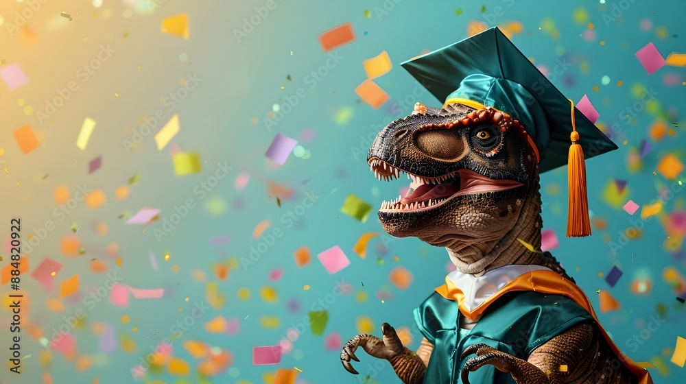 Fototapeta premium Surreal Tyrannosaurus Graduation Ceremony with Confetti Background