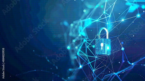 Cyber security technology and network protection blue background with lock symbol and interconnected nodes design with a futuristic touch 