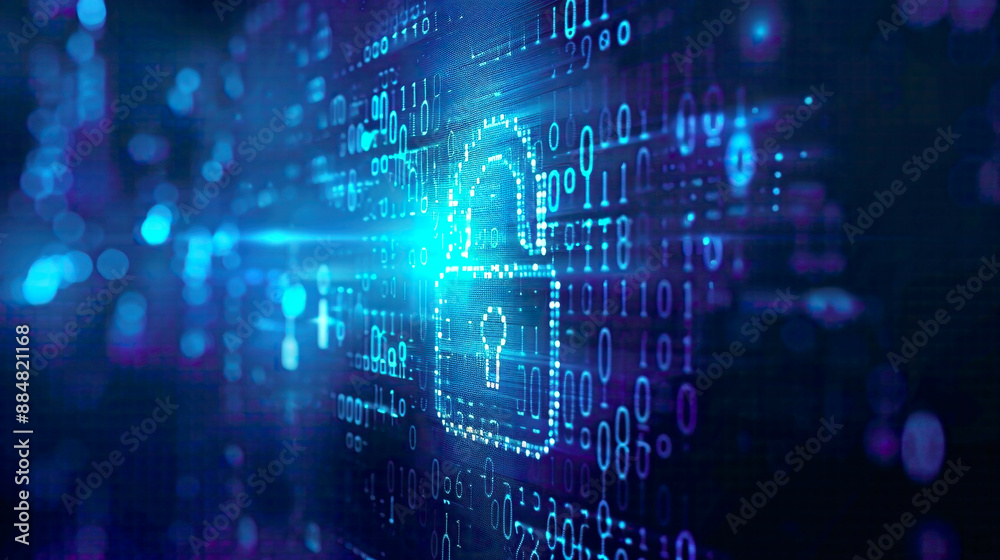 Cybersecurity and data privacy protection concept with a lock icon binary digits background blue digital design emphasizing secure technology and information protection Cybersecurity and data privacy protection concept with a lock icon binary digits background blue digital design emphasizing secure technology and information protection