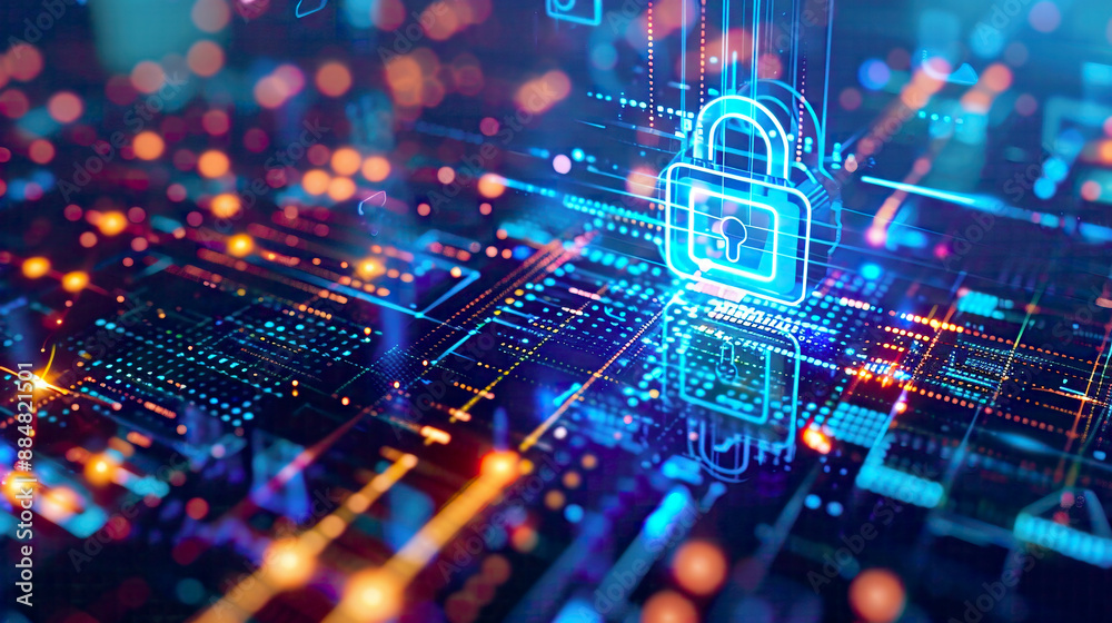 Cybersecurity concept illustrating user privacy security and encryption for secure internet access. Future technology and cybernetics theme featuring a screen padlock. Cybersecurity concept illustrating user privacy security and encryption for secure internet access. Future technology and cybernetics theme featuring a screen padlock.