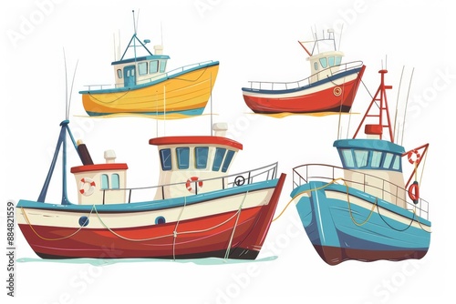 Fishing vessel boats cartoon vector illustration isolated on white background