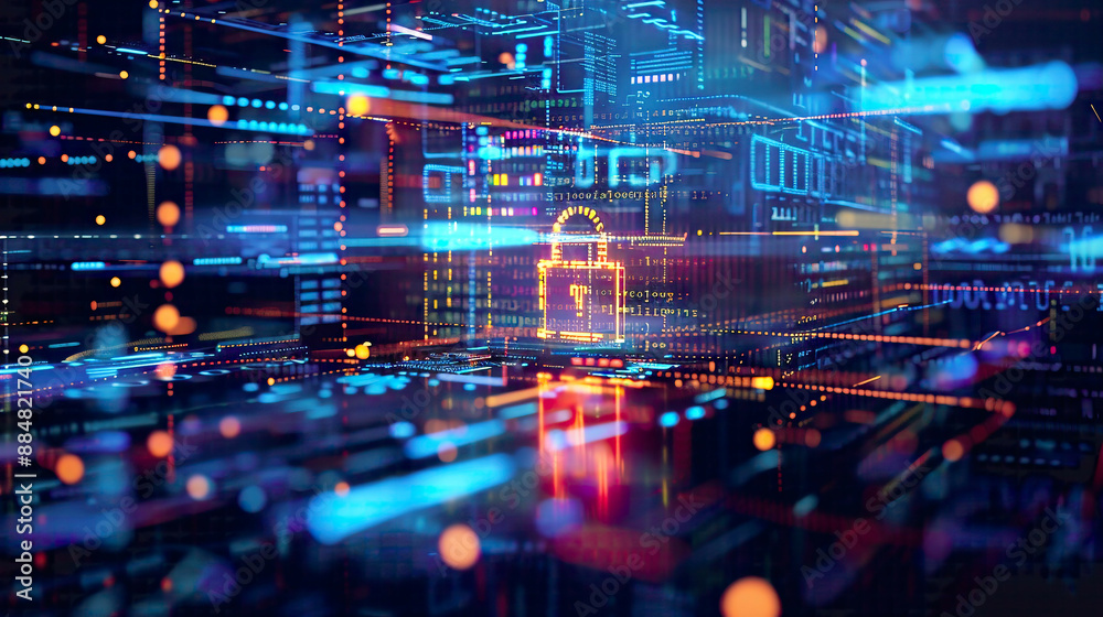 Cyberspace safety and developer programming website design technology secure social world concept with digital lock and blue background detailed code elements Cyberspace safety and developer programming website design technology secure social world concept with digital lock and blue background detailed code elements