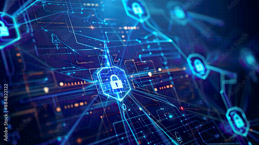 Data protection and cyber security in business technology lock and shield icons blue background with digital network connections privacy-focused design Data protection and cyber security in business technology lock and shield icons blue background with digital network connections privacy-focused design