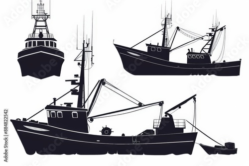 Set of Fisherman and Fishing vessel boats silhouette vector illustration isolated on white background