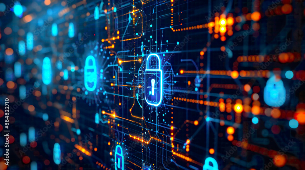 Digital artwork showcasing cyber security and digital data protection concept with an icon graphic interface demonstrating secure firewall technology defending online data access against hackers Digital artwork showcasing cyber security and digital data protection concept with an icon graphic interface demonstrating secure firewall technology defending online data access against hackers