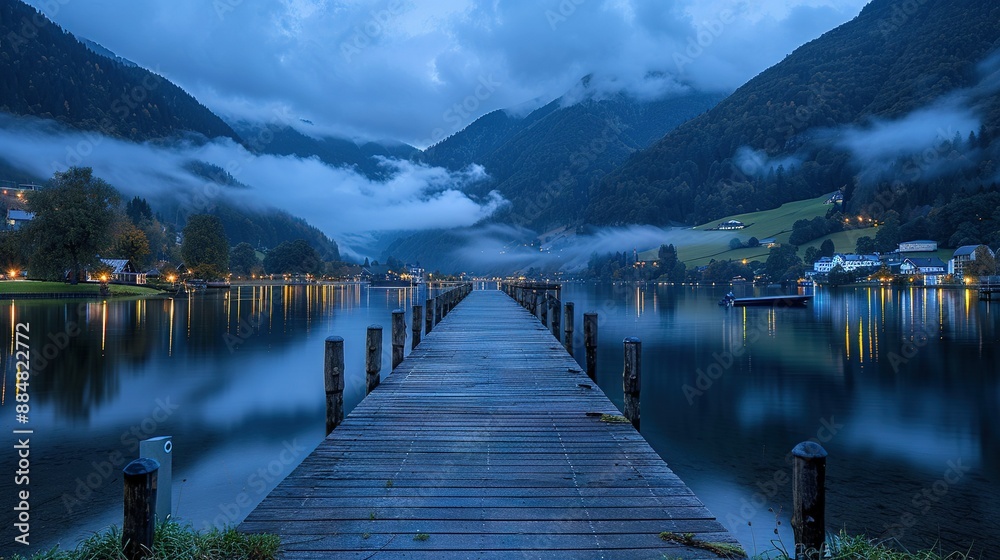 A dock in the middle of a tranquil body of water, surrounded by towering mountains and dotted with fluffy clouds overhead A dock in the middle of a tranquil body of water, surrounded by towering mountains and dotted with fluffy clouds overhead