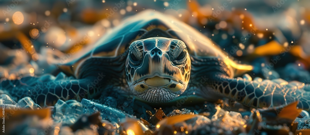Obraz premium Close-up of a Sea Turtle on a Rocky Beach with Seaweed and Sparkling Water Droplets in the Background