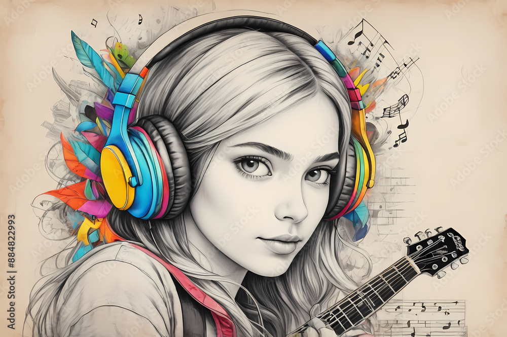 Naklejka premium Colorful Melody: Music Vibes A Girl with Headphones, Guitar, and Drums artistic sketch