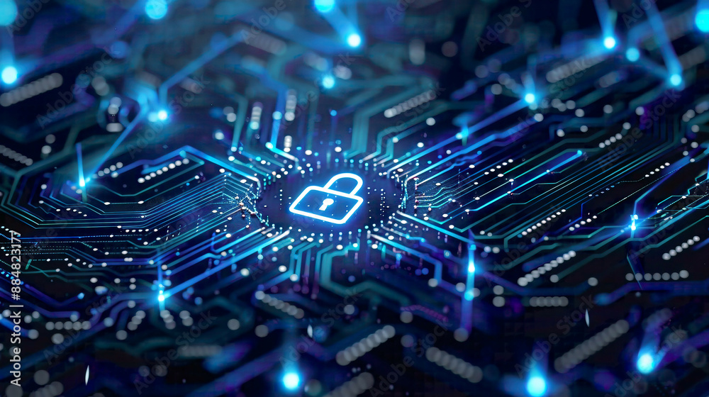 Digital network safety with a lock icon secure communication and protection theme blue tech background with intricate network details Digital network safety with a lock icon secure communication and protection theme blue tech background with intricate network details