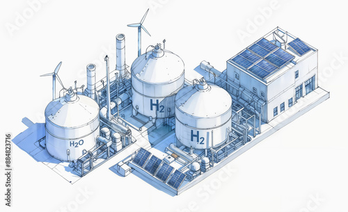 h2 hydrogen energy designed concept industry isometric isolated blue tone architect sketch designed cartoon style on white background