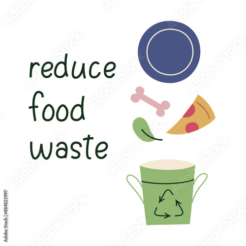 Vector illustration of a compost bin and a plate with food scraps. Reduce leftovers, recycle organic waste. Eco-friendly, green living, sustainability. Environmental protection and waste management