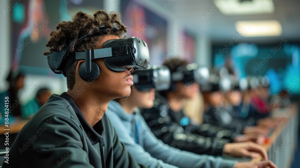 A group of students in a modern classroom wearing VR headsets engaged in a virtual reality lesson. They are seated at desks, interacting with digital content in a dynamic and immersive learning A group of students in a modern classroom wearing VR headsets engaged in a virtual reality lesson. They are seated at desks, interacting with digital content in a dynamic and immersive learning