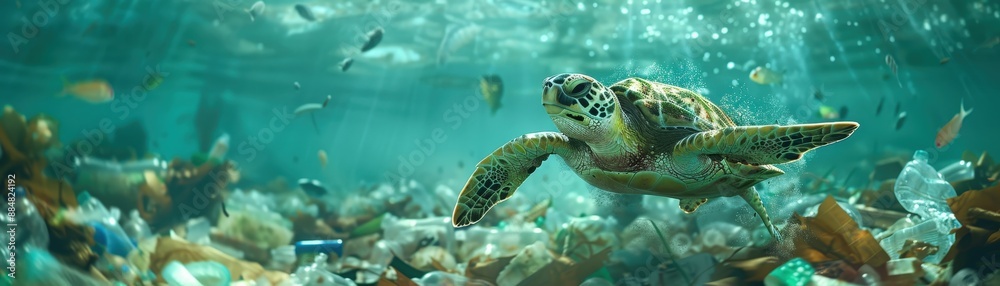 Obraz premium Sea Turtle Swimming Amidst Ocean Pollution with Plastic Waste and Marine Debris