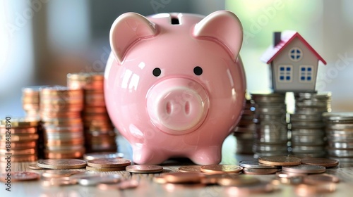 A pink piggy bank surrounded by stacks of coins and a small house model, symbolizing saving money for future home ownership. The image captures the essence of long-term financial goals and the
