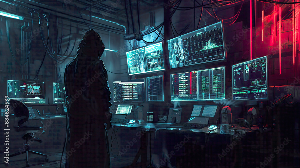 Government data servers under attack by a hooded hacker dark hideout filled with multiple screens and cables virus infection in progress tense atmosphere Government data servers under attack by a hooded hacker dark hideout filled with multiple screens and cables virus infection in progress tense atmosphere