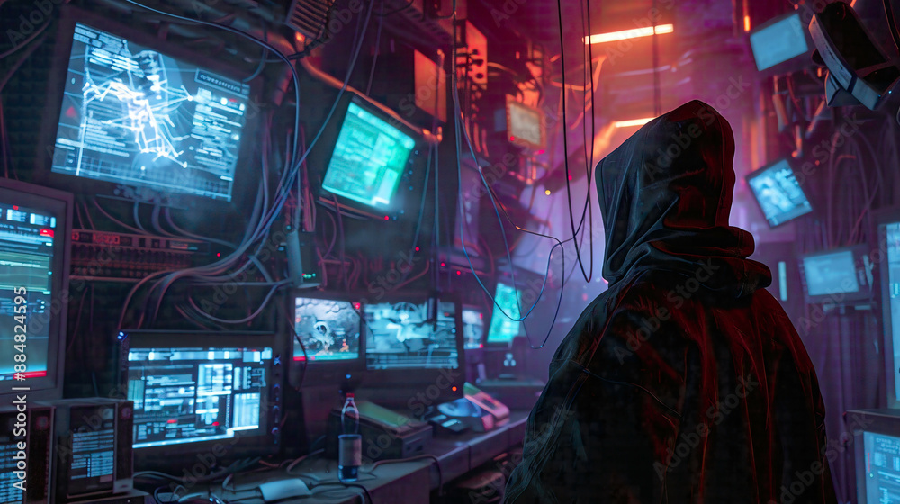 Fototapeta premium Hacker in a hood compromising government data servers with a virus dark and cluttered hideout featuring numerous displays and cables intense cyber attack scene 