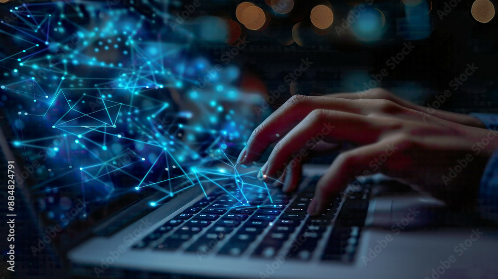 Hand entering password on laptop cyber security concept with login screenfeaturing network connections and security elements Hand entering password on laptop cyber security concept with login screenfeaturing network connections and security elements