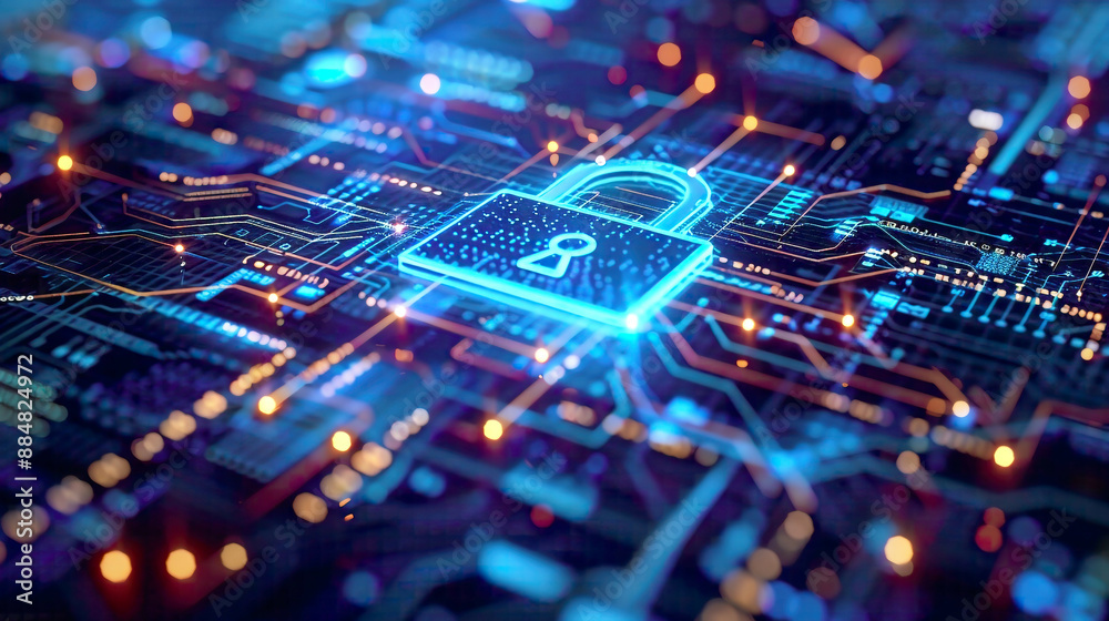 High-tech cyber security concept featuring a lock icon intricate digital matrix background with blue hues modern and secure atmosphere High-tech cyber security concept featuring a lock icon intricate digital matrix background with blue hues modern and secure atmosphere