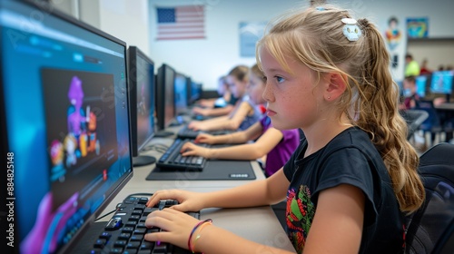 7. A young girl working on a computer in a modern classroom, with her classmates doing the same and a teacher assisting them photo