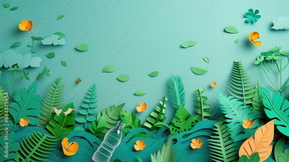 A paper collage of a lush green forest with a bottle of water in the foreground A paper collage of a lush green forest with a bottle of water in the foreground