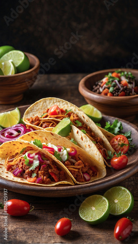 A plate with three soft tacos filled with shredded chicken, cheese, and fresh vegetables, garnished with lime wedges and cherry tomatoes, set against a dark rustic background.