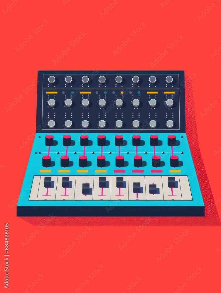 Flat design soundboard interface editing with copy space, front view, deep depth of field, covering all objects. Flat design soundboard interface editing with copy space, front view, deep depth of field, covering all objects.