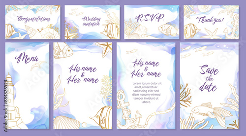 Ocean wedding invitation. Watercolor sea wave, blue summer invite card or paint party flyer, beach water. Golden decorative elements starfish, seashell, lighthouse and anchor. Vector illustration