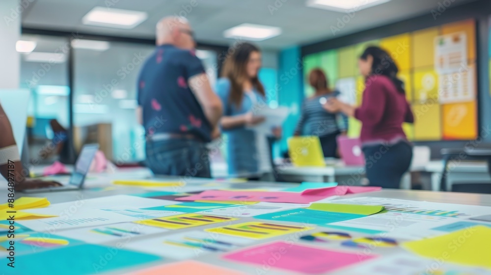Blurry Focus on Papers and Sticky Notes During a Meeting, Business , Teamwork , Brainstorming , Collaboration