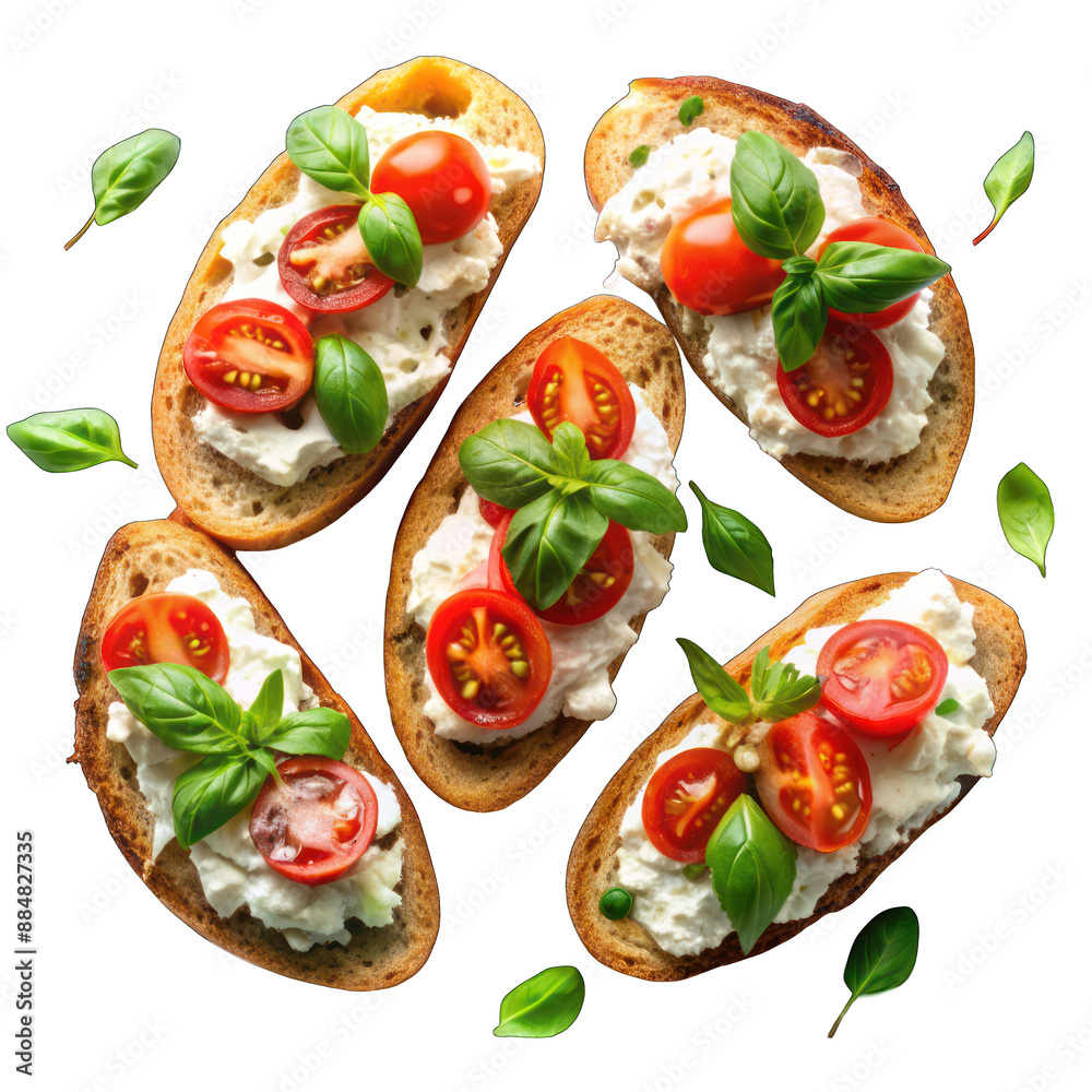 Bruschettas with ricotta cheese top view isolated on transparent background Bruschettas with ricotta cheese top view isolated on transparent background