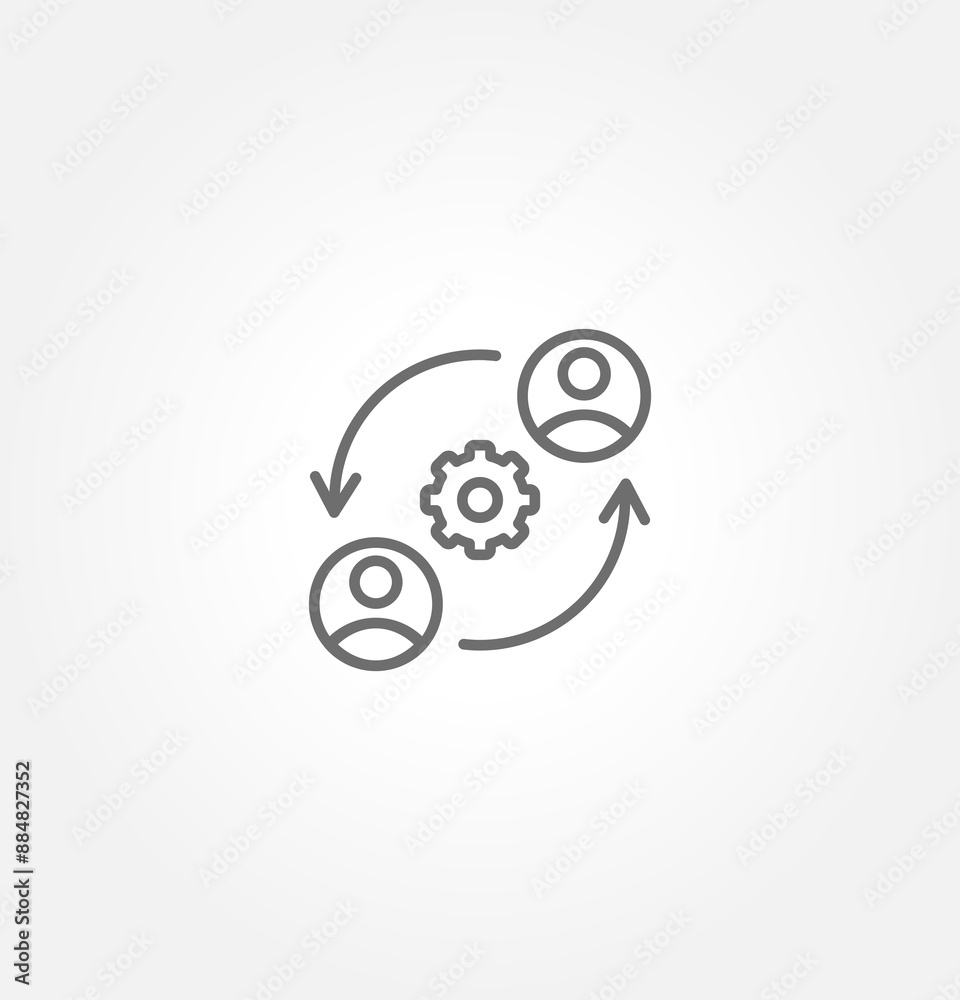 Two user figures connected by arrows with a gear in the center. This suggests a concept of collaboration, user interaction, or workflow management, highlighting the interconnectedness of people Two user figures connected by arrows with a gear in the center. This suggests a concept of collaboration, user interaction, or workflow management, highlighting the interconnectedness of people